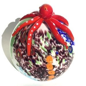 Art Glass Paperweight Red Octopus multicolor round sphere handmade IMPERFECT